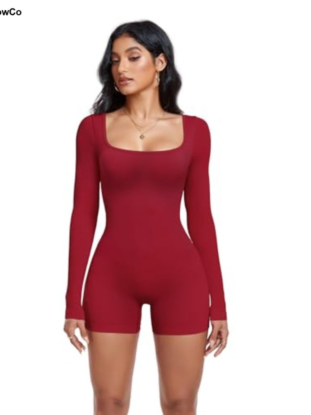 Women's Long Sleeve Square Neck Backless Ribbed Jumpsuit Romper Gym Yoga